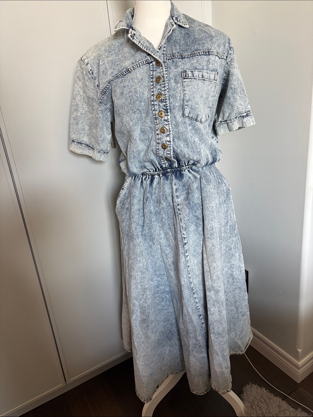 Vintage Light Wash Acid-Wash Denim 100% Cotton Dress